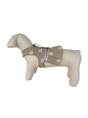 Handmade Small Dog Adjustable Dress Outfit w Harness Beige Polka Dot w Ribbon